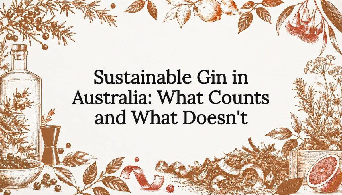 Hand-drawn botanicals frame a sustainable gin title
