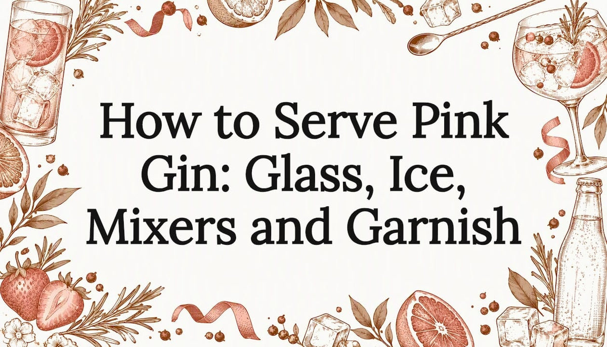 Hand-drawn pink gin serving tools frame the title